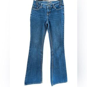 GRANE 5 pocket flare/boot cut jeans with design on pockets, size 1 long.
